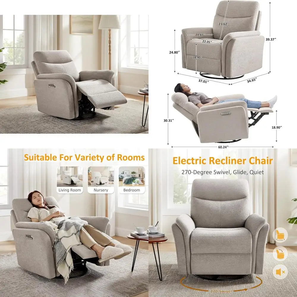 Swivel Glider Recliner Chair with Electric Rocking, USB & Type-C Ports, Ideal for Nursery