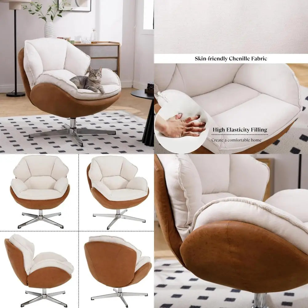 Contemporary Swivel Chair with Chenille Upholstery, Cozy Seat and Silver Metal Base, Relaxing Lounge Armchair Recliner