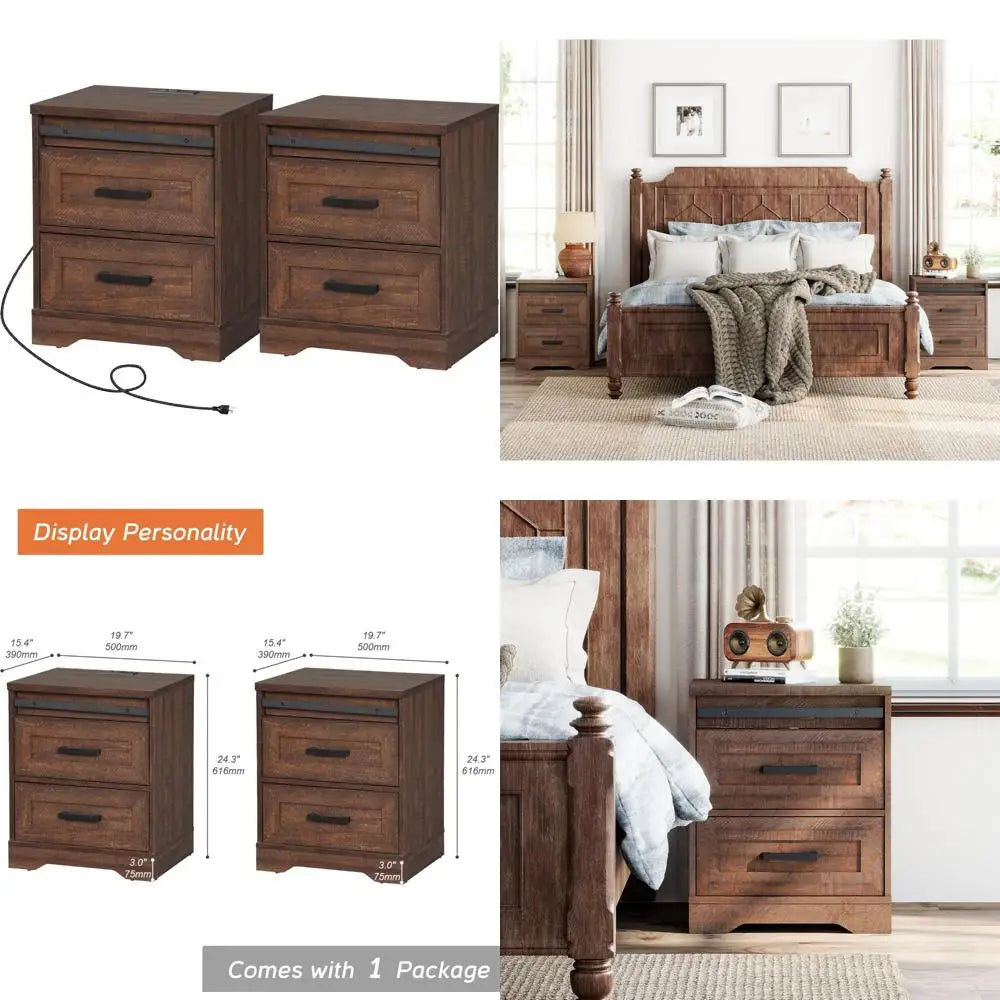 24.3-inch High Farmhouse Nightstands Pair with Charging Station, 20-inch Wide 3-Drawer Bedside Tables, Wooden Grain Finish