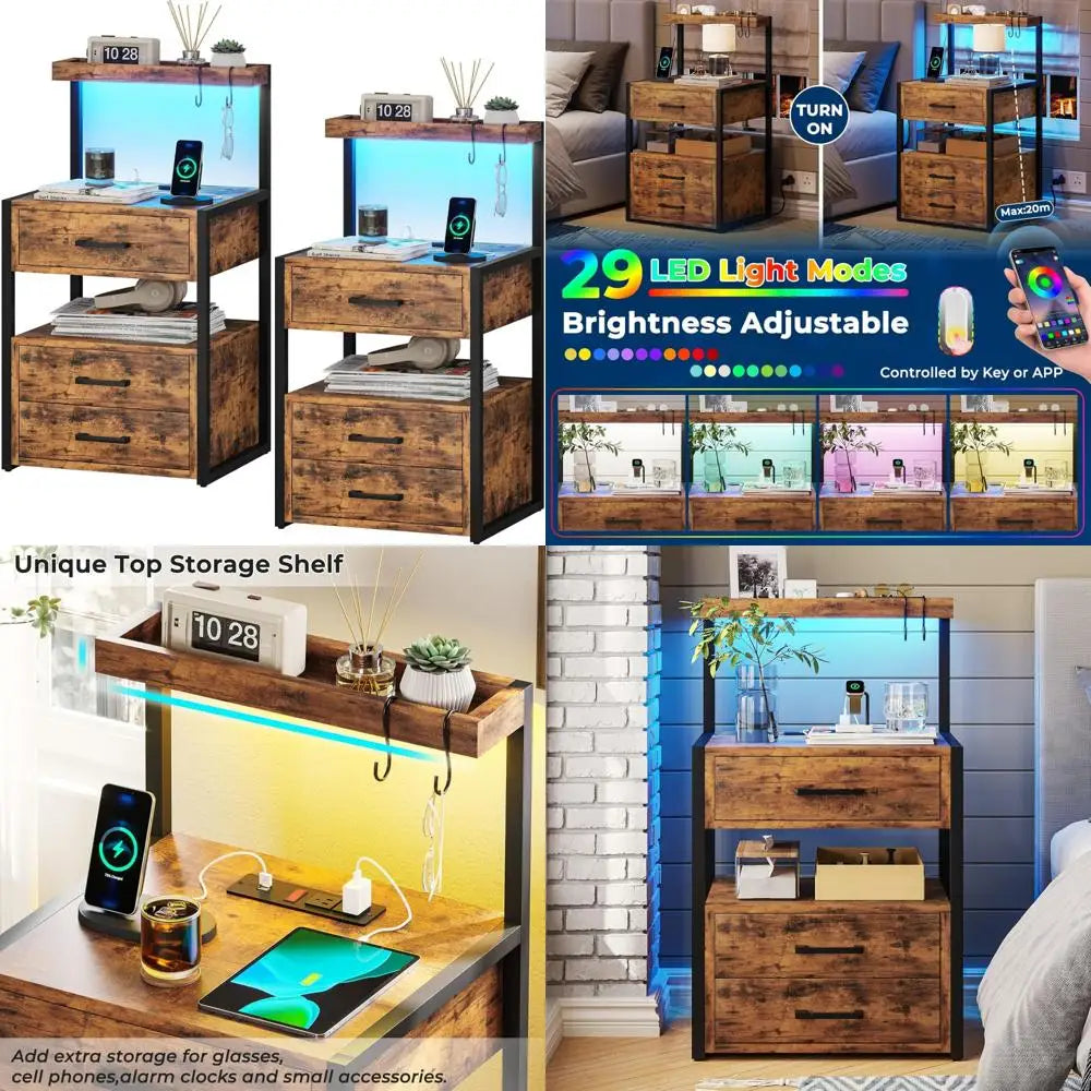 Pair of Nightstands with Charging Station, LED Lights, 3 Drawers, and Open Shelves, Including 2 USB Ports