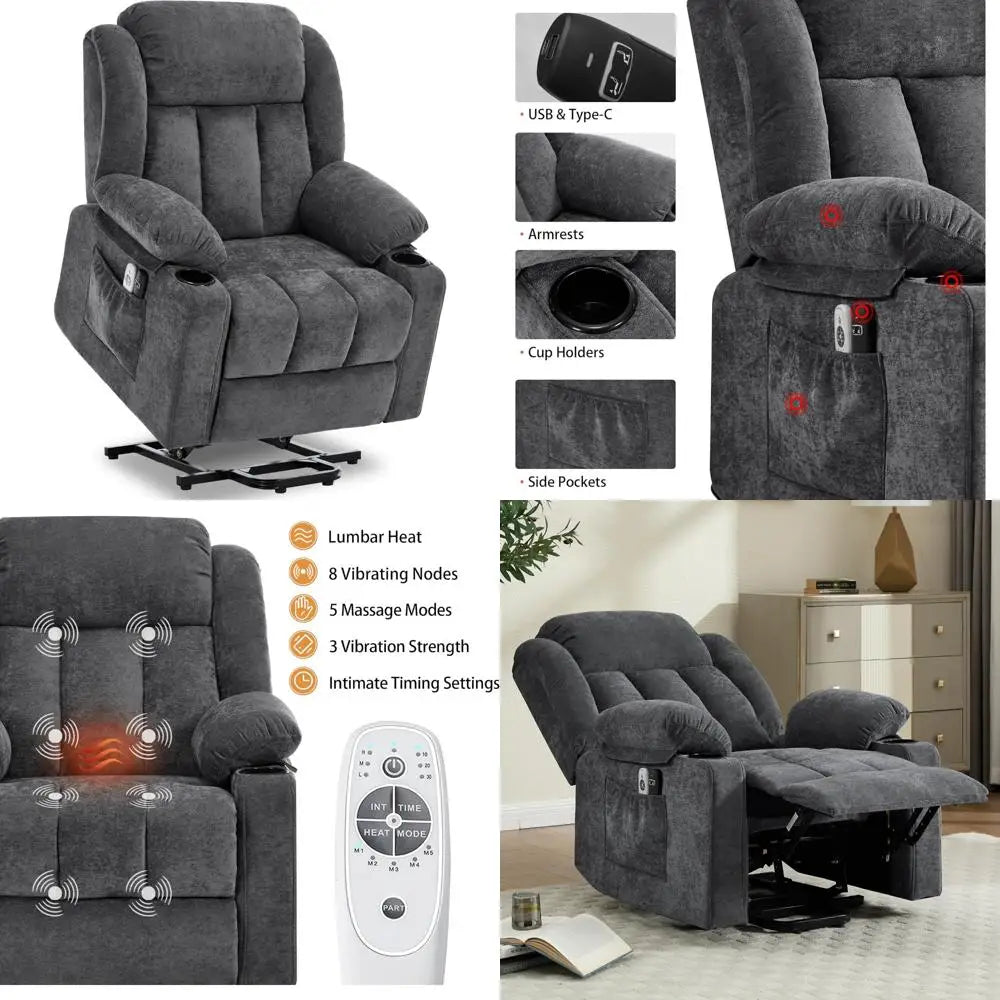 Elderly-Friendly Power Lift Recliner with Massage and Heat, Comfortable Recliner Chairs for Adults, Enhanced Fabric Reclining So