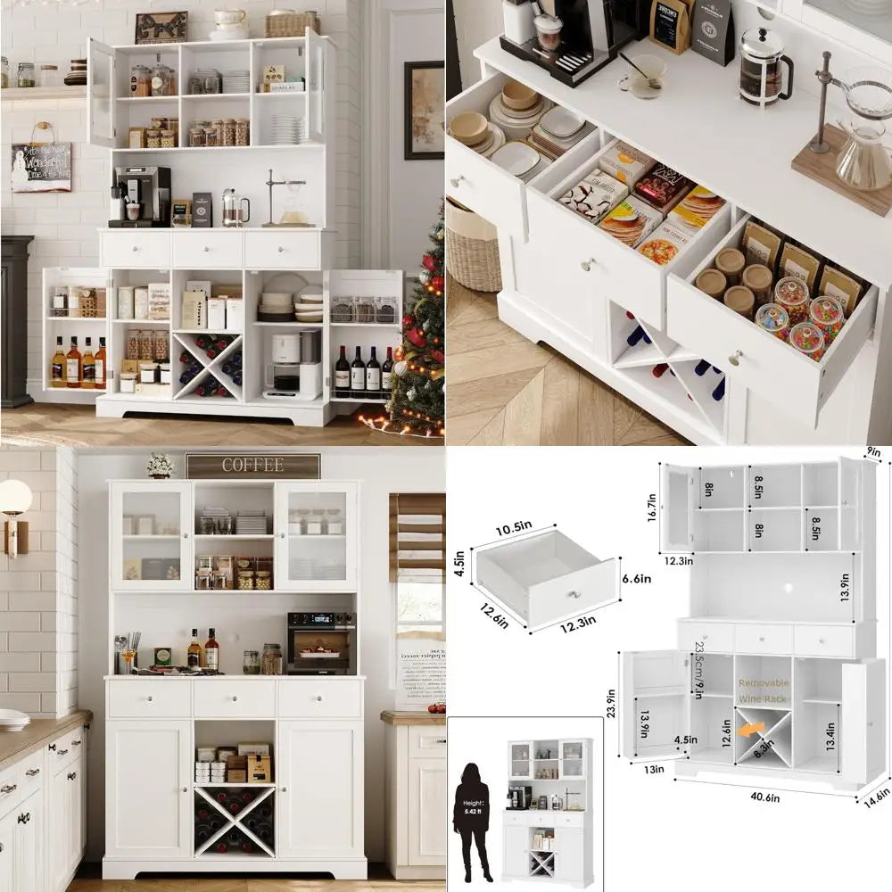 Swing Out Door Tall Kitchen Pantry Cabinet, Modern Microwave Stand with Storage Hutch, Food Pantry Cabinet