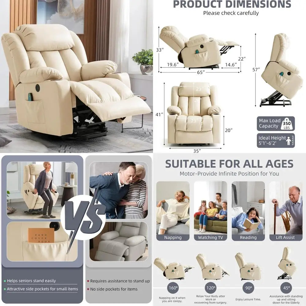 Elderly-Friendly Power Lift Recliner with Electric Massage, Heat, and Cup Holders, Remote-Controlled