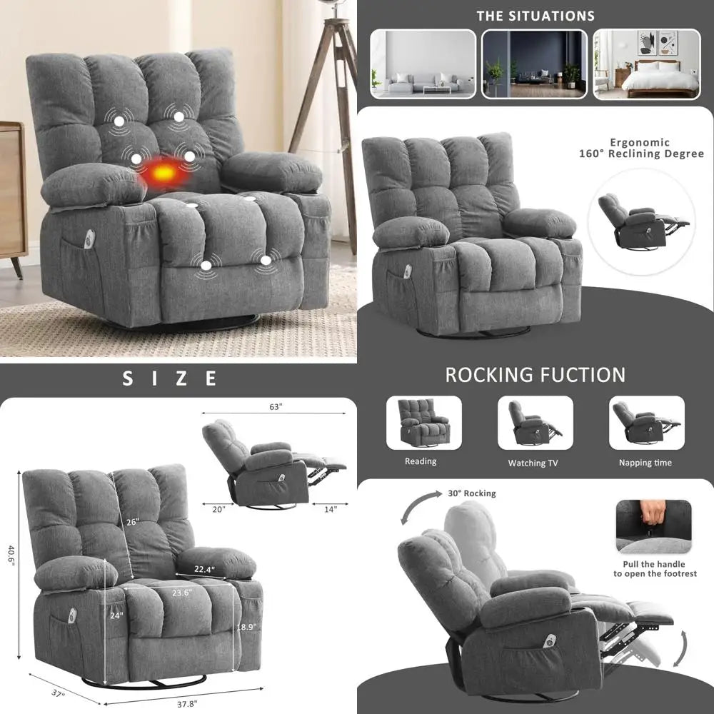 Heated Lumbar Support Rocking Recliner Chair with Cup Holders and USB Port for Adult Living Room Use