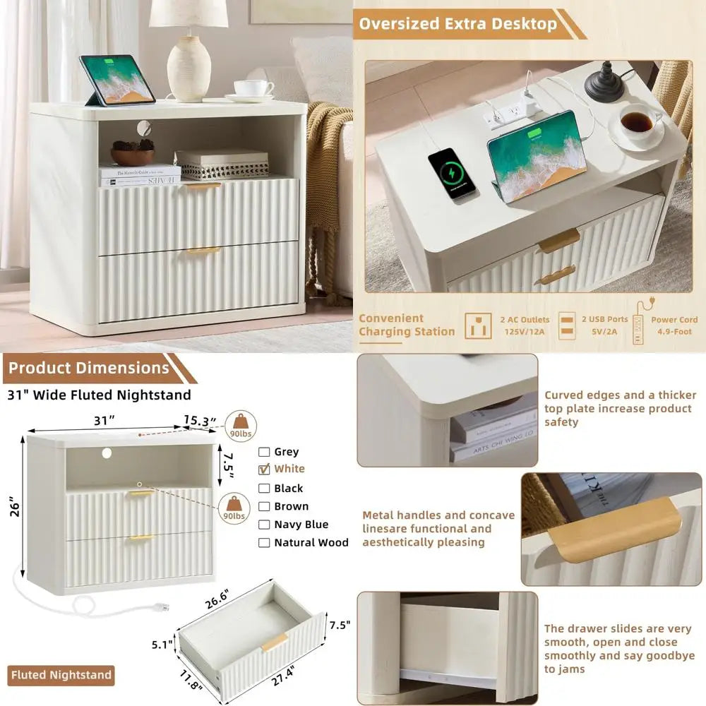 Wide Fluted 31 Inch Nightstand with Charging Station, Large 2 Drawer Bedside Table, White Wood Night Stand
