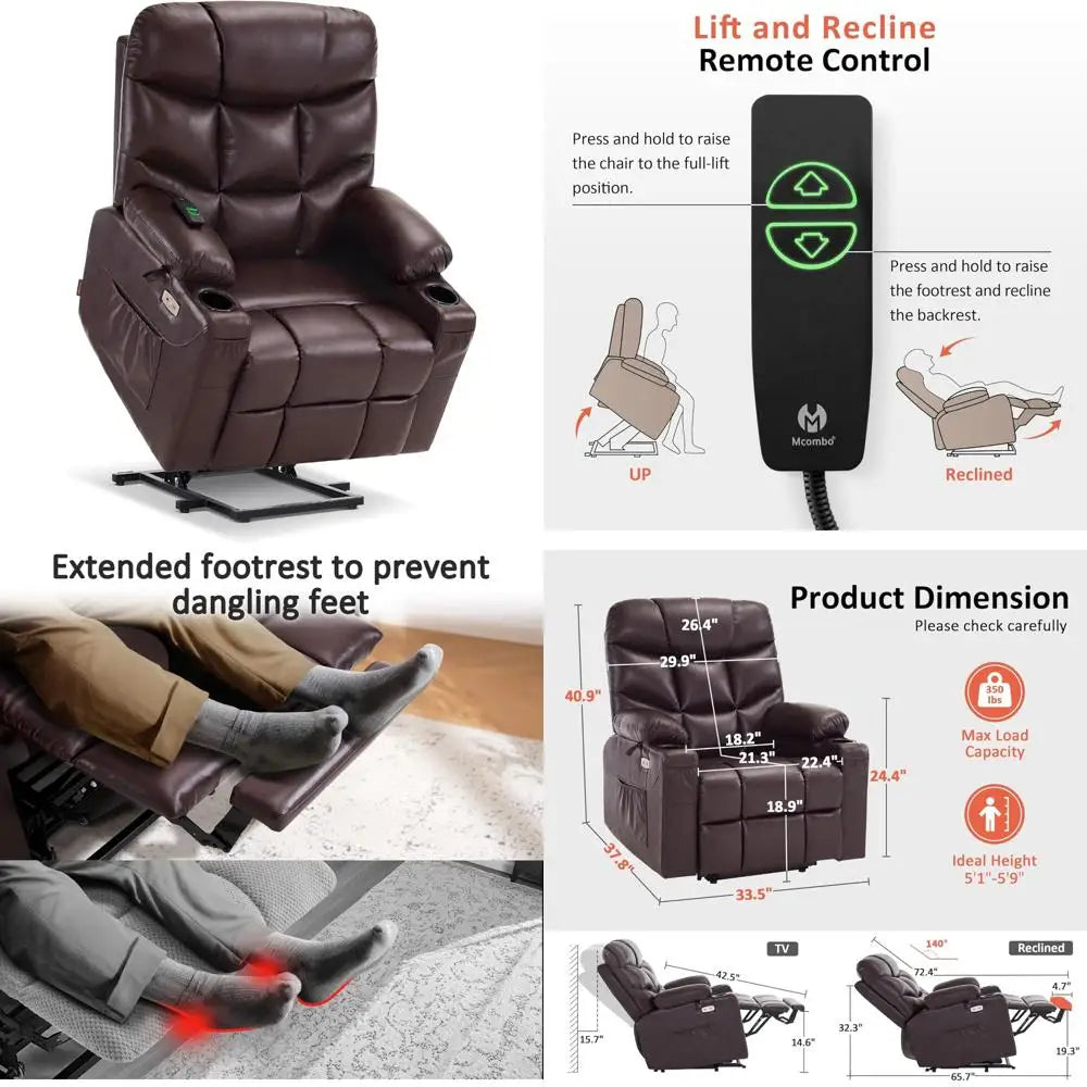 Power Lift Recliner Chair with Extended Footrest for Seniors, Faux Leather, Dark Brown, Medium Size