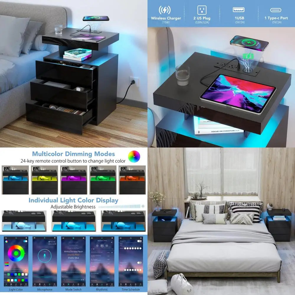 Contemporary 3-Drawer Nightstand with Wireless Charging and USB Ports, Black Bedside Table with Open Compartment