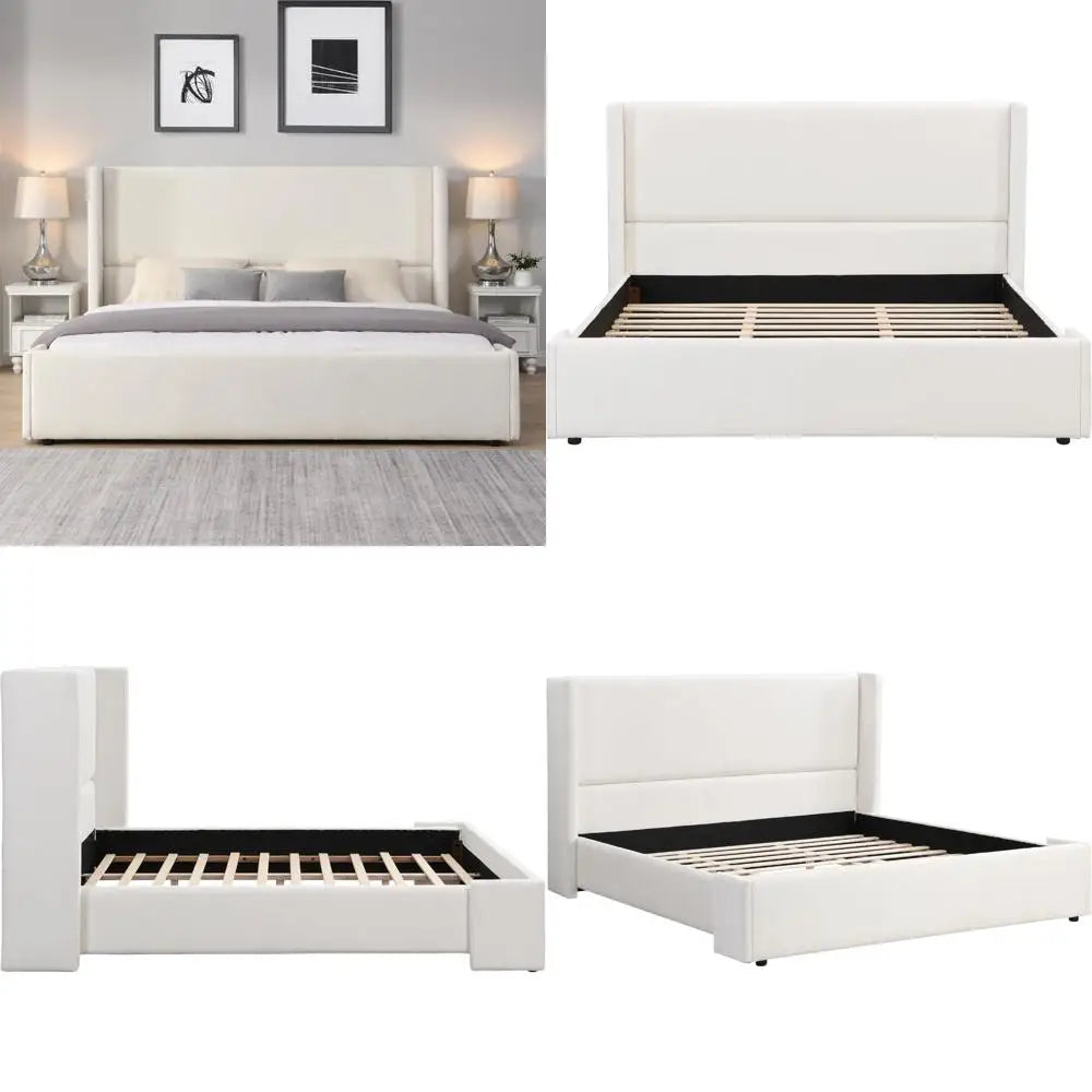 Elegant White King-Size Upholstered Platform Bed with 41.1 Tall Wingback Headboard and Solid Wood Slats for Bedroom