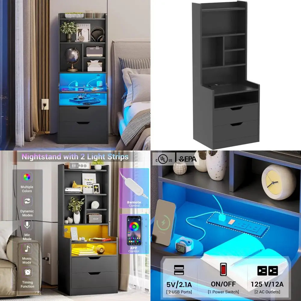 Contemporary LED-Illuminated Nightstand with Charging Station and Storage, featuring Shelves and Two Drawers for Bedside Use