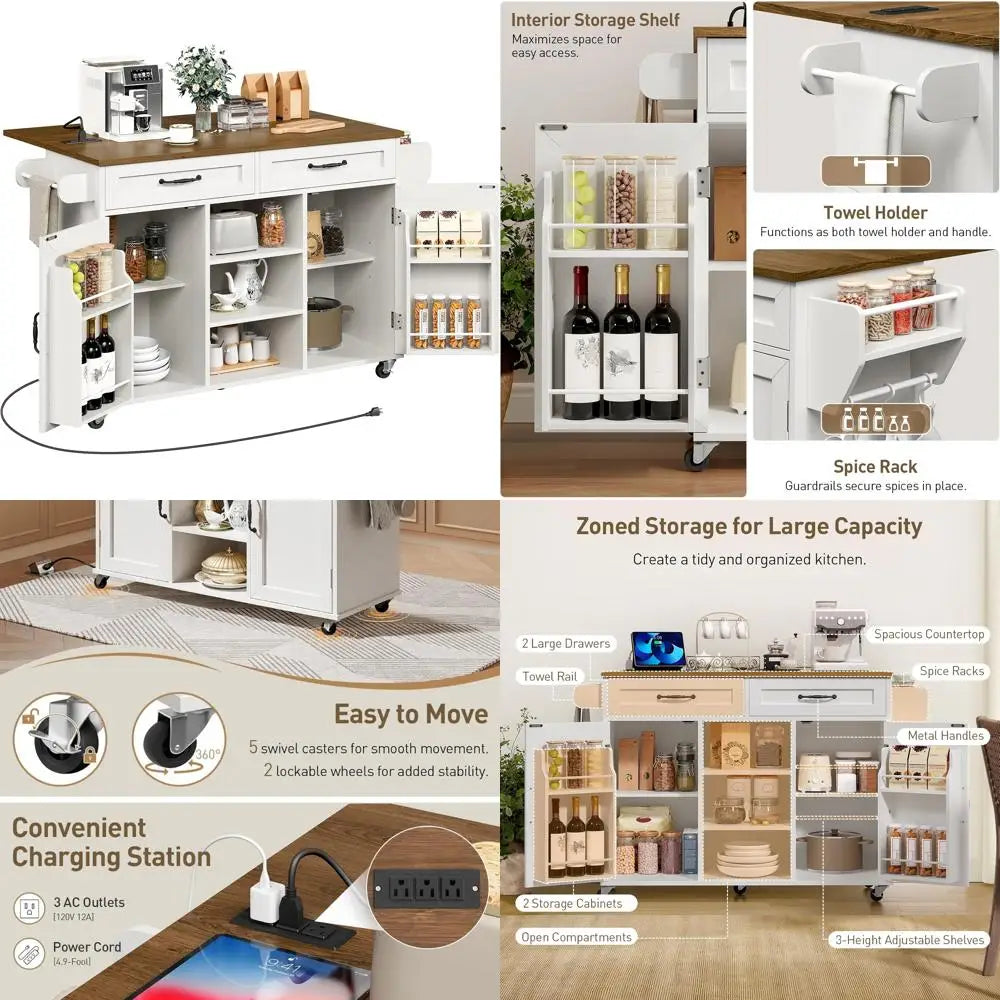 White Kitchen Island with Drop Leaf, Power Outlets, Storage Cart, Drawers, and Spice Rack