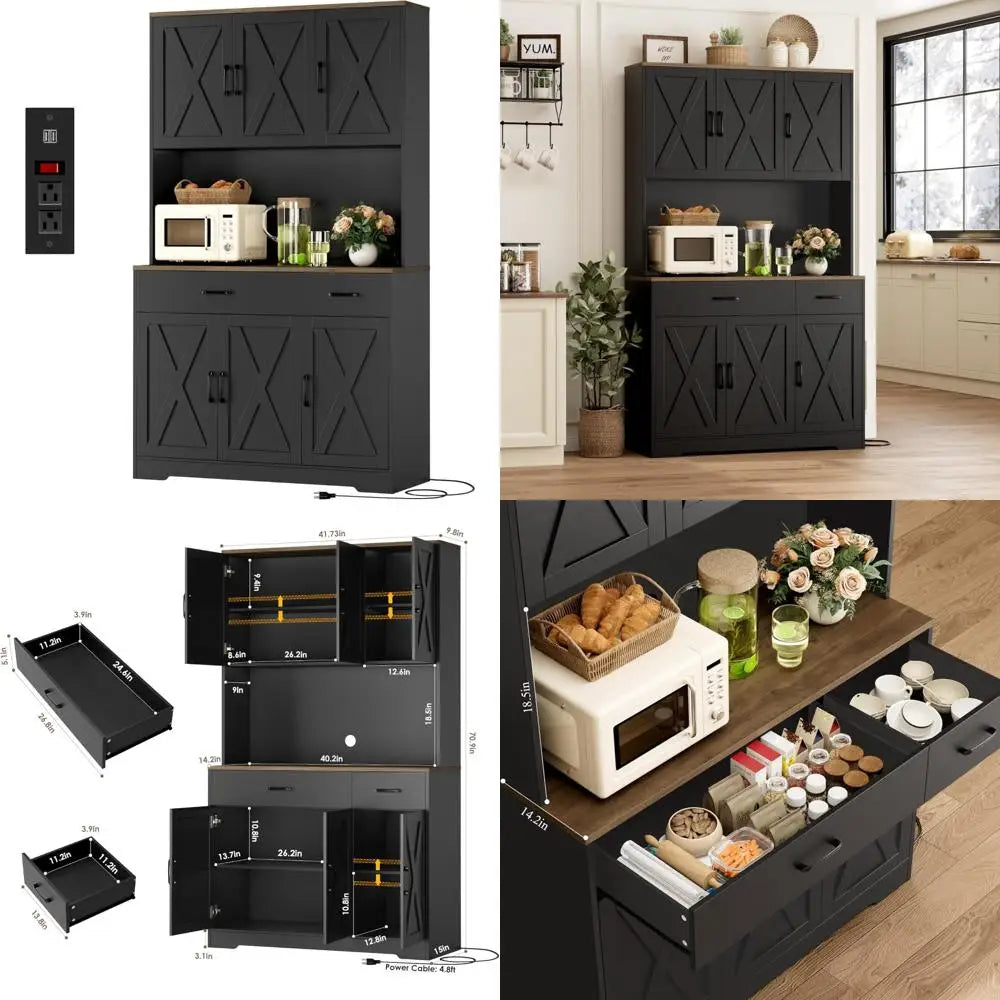 71-Inch Tall Kitchen Pantry Cabinet with Built-In Charging Station and Microwave Stand, Farmhouse Style Storage Hut