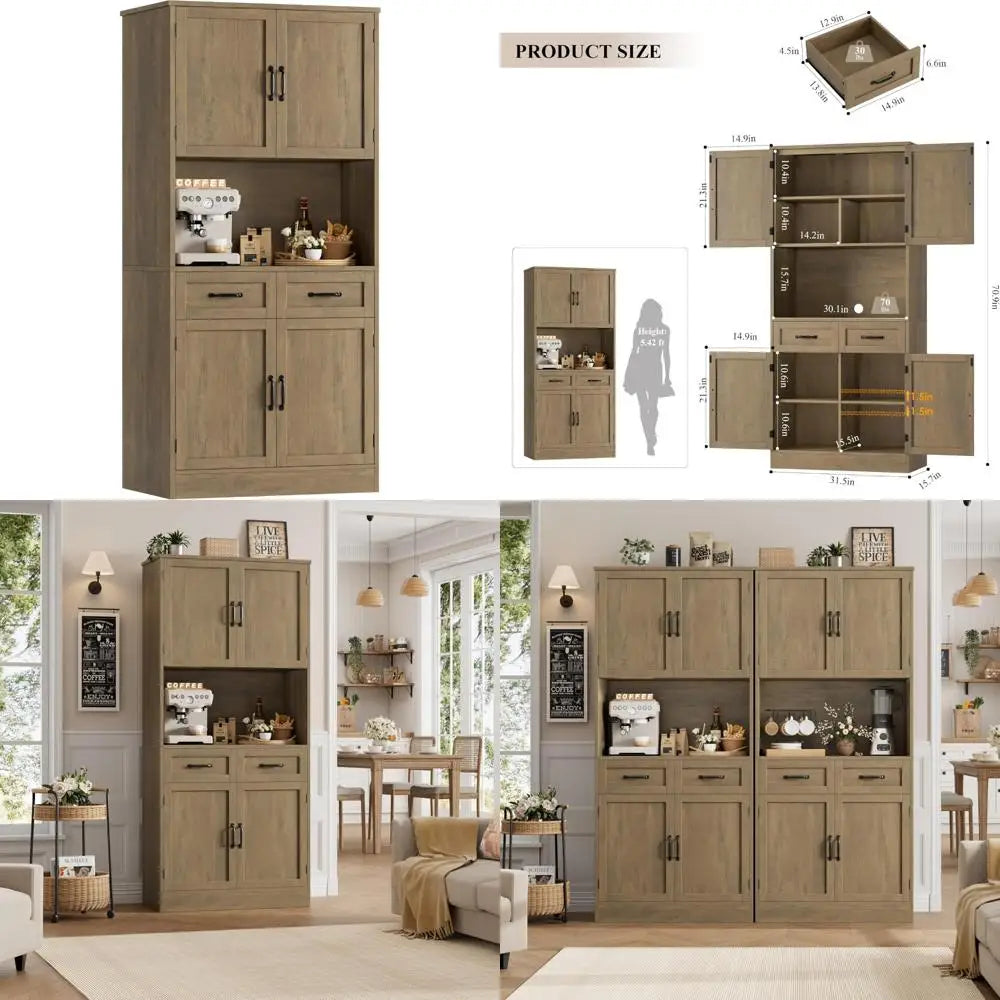 71-Inch Tall Modern Kitchen Pantry Cabinet with Microwave Stand and Buffet Sideboard Storage